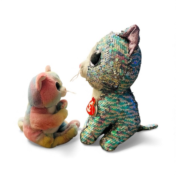 Ty Flippables Whimsy Sequin Cat Plush & Ty Jenni the Rainbow Cat - Picture 7 of 10